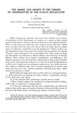 City Model and Society in the Theory of Architecture of the Italian Renaissance