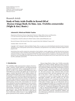 Research Article Study of Fatty Acids Profile in Kernel Oil of Heynea Trijuga Roxb