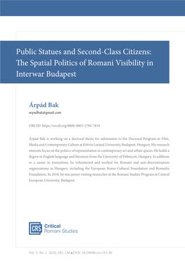 Public Statues and Second-Class Citizens: the Spatial Politics of Romani Visibility in Interwar Budapest