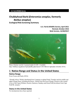 Enteromius Anoplus, Formerly Barbus Anoplus) Ecological Risk Screening Summary