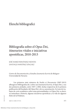 Elenchi Bibliografici Bibliografía Sobre El Opus Dei, Itinerarios Vitales E