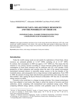 Photovoltaics: Solar Energy Resources and the Possibility of Their Use