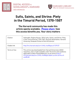 Sufis, Saints, and Shrine: Piety in the Timurid Period, 1370-1507