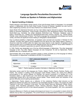 Language Specific Peculiarities Document for Pashto As Spoken in Pakistan and Afghanistan