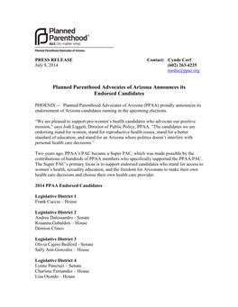 Planned Parenthood Advocates of Arizona Announces Its Endorsed Candidates