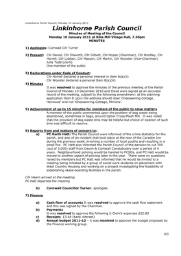 Minutes of Meeting of the Council Monday 10 January 2011 at Rilla Mill Village Hall, 7.30Pm MINUTES