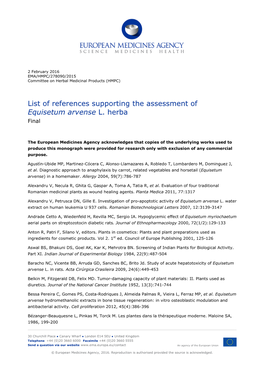 List of References Supporting the Assessment of Equisetum Arvense L