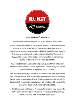 Press Release 30 April 2019 Rokit World Seniors Snooker 2019/20