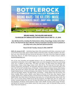 Bruno Mars, the Killers and Muse to Headline 6Th Annual Bottlerock Napa Valley May 25 - 27, 2018