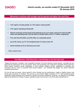 Interim Results, Six Months Ended 31 December 2015 28 January 2016