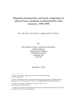 Migration Characteristics and Stock Composition of Interior Fraser Steelhead As Determined by Radio Telemetry, 1996-1999