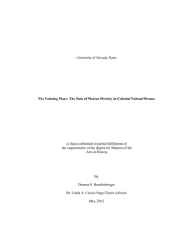 The Role of Marian Divinity in Colonial Nahuatl Drama a Thesis Submitted