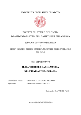 Università Degli Studi Di Padova Facoltà Di Lettere E Filosofia Il Pianoforte E La Sua Musica Nell'italia Post-Unitaria