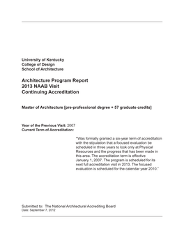 Architecture Program Report 2013 NAAB Visit Continuing Accreditation