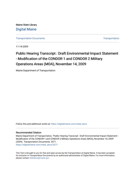 Public Hearing Transcript : Draft Environmental Impact Statement - Modification of the CONDOR 1 and CONDOR 2 Military Operations Areas (MOA), November 14, 2009