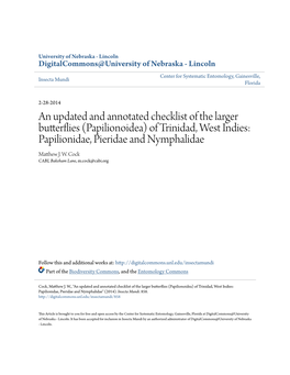 Papilionoidea) of Trinidad, West Indies: Papilionidae, Pieridae and Nymphalidae" (2014