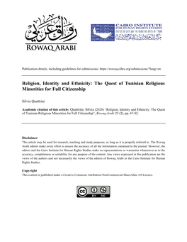 Religion, Identity and Ethnicity: the Quest of Tunisian Religious Minorities for Full Citizenship