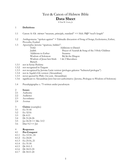 Text & Canon of Hebrew Scripture Data Sheet