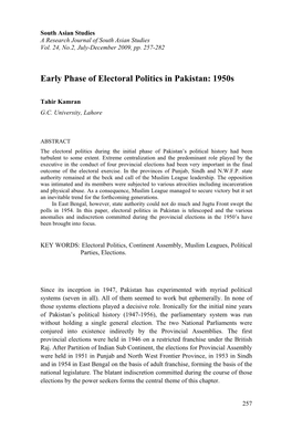 Early Phase of Electoral Politics in Pakistan: 1950S