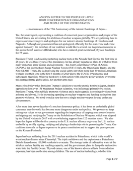 An Open Letter to the People of Japan from Concerned Peace Organizations and People of the United States