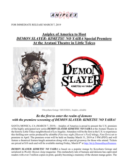 Aniplex of America to Host DEMON SLAYER: KIMETSU NO YAIBA Special Premiere at the Aratani Theatre in Little Tokyo