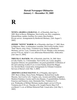 Hawaii Newspaper Obituaries January 1 - December 31, 2005 R