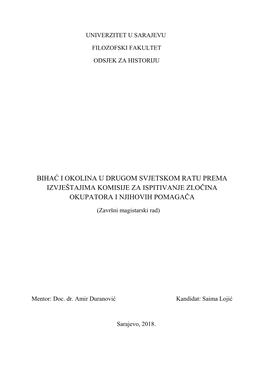 Bihać I Okolina U Drugom Svjetskom Ratu Prema Izvještajima Komisije Za Ispitivanje Zloĉina Okupatora I Njihovih Pomagaĉa