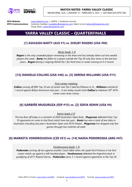 Yarra Valley Classic Melbourne, Aus | January 31- February 6, 2021 | Usd $442,020 Wta 500