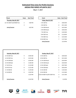Estimated Time Lines for Prelim Sessions ARENA PRO SERIES ATLANTA 2017 May 4 - 7, 2017