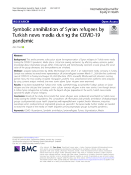 Symbolic Annihilation of Syrian Refugees by Turkish News Media During the COVID-19 Pandemic Alev Yücel