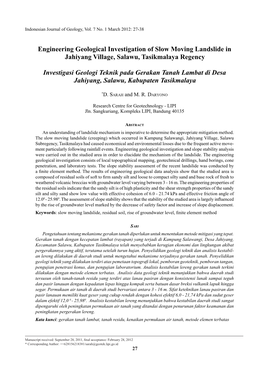 Engineering Geological Investigation of Slow Moving Landslide in Jahiyang Village, Salawu, Tasikmalaya Regency