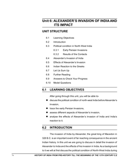 Unit 6: ALEXANDER's INVASION of INDIA and ITS IMPACT