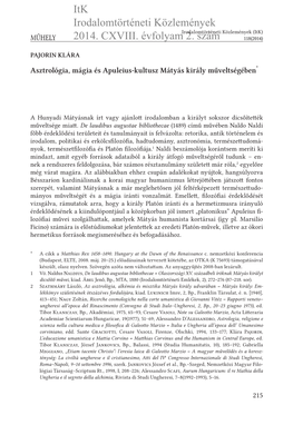 Asztrológia, Mágia És Apuleius-Kultusz Mátyás Király Műveltségében*