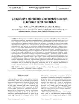 Competitive Hierarchies Among Three Species of Juvenile Coral Reef Fishes