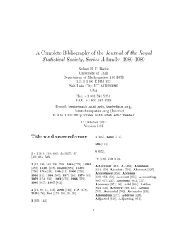 A Complete Bibliography of the Journal of the Royal Statistical Society, Series a Family: 1980–1989