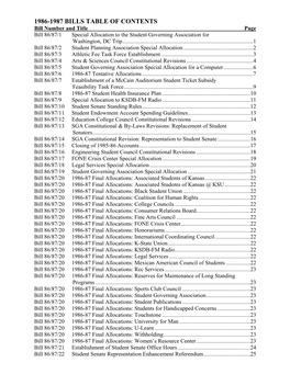 1986-1987 BILLS TABLE of CONTENTS Bill Number and Title Page Bill 86/87/1 Special Allocation to the Student Governing Association for Washington, DC Trip