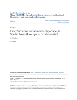 False Wireworms of Economic Importance in South Dakota (Coleoptera: Tenebrionidae) C