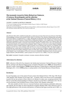 The Taxonomic Research of Jules Richard on Cladocera (Crustacea: Branchiopoda) and His Collection at the National Museum of Natural History, U.S.A