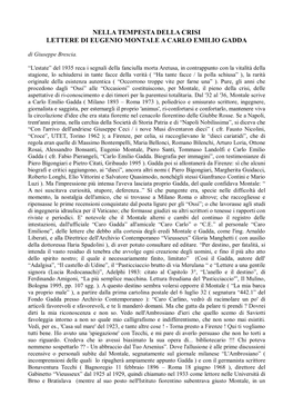 NELLA TEMPESTA DELLA CRISI LETTERE DI EUGENIO MONTALE a CARLO EMILIO GADDA Di Giuseppe Brescia