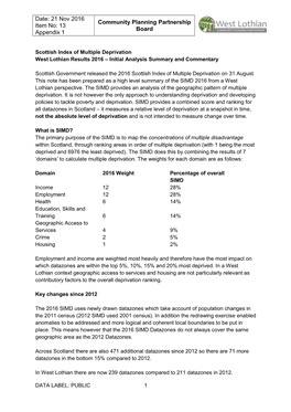 Scottish Index of Multiple Deprivation West Lothian Results 2016 – Initial Analysis Summary and Commentary