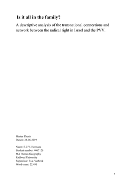 Is It All in the Family? a Descriptive Analysis of the Transnational Connections and Network Between the Radical Right in Israel and the PVV