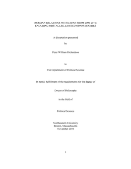 Russian Relations with Japan from 2000-2010: Enduring Obstacles, Limited Opportunities