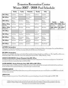 Evanston Recreation Center Winter 2007 - 2008 Pool Schedule