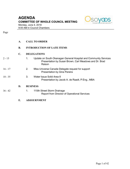 Committee of the Whole Meeting Agenda for the Meeting Held on Monday, June 4, 2018