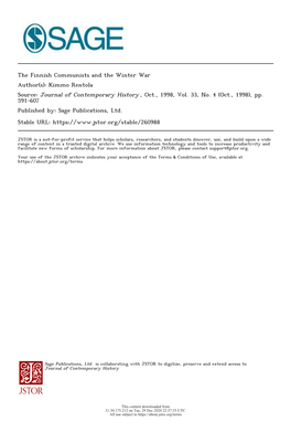 The Finnish Communists and the Winter War Author(S): Kimmo Rentola Source: Journal of Contemporary History , Oct., 1998, Vol