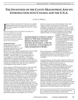 The Invention of the Cavity Magnetron and Its Introduction Into Canada and the U.S.A