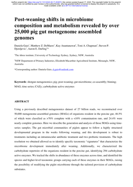 Post-Weaning Shifts in Microbiome Composition and Metabolism Revealed by Over 25,000 Pig Gut Metagenome Assembled Genomes