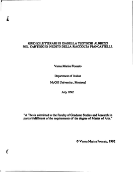 GIUDIZI Letferari DI ISABELLA TEOTOCHI ALBRIZZI NEL CARTEGGIO INEDITO DELLA RACCOLTA PIANCASTELLI. Vanna Marisa Fonsato Departme