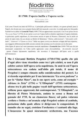 Il 1700: L'opera Buffa E L'opera Seria 20 Novembre 2020 Musicandosite .Com