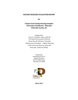 HISTORIC RESOURCE EVALUATION REPORT for Canyon Crest Family Housing Complex University of California